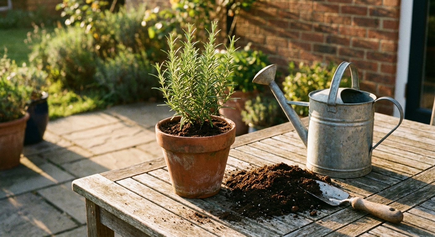 A newly potted young rosemary plant in a terracotta pot on an outdoor patio table, with potting soil and a watering can nearby, late afternoon natural light, photorealistic