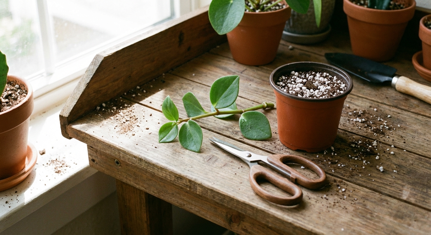 A pair of clean scissors next to a peperomia stem cutting placed on a potting bench with a small nursery pot filled with perlite-rich soil, bright natural window light, photorealistic