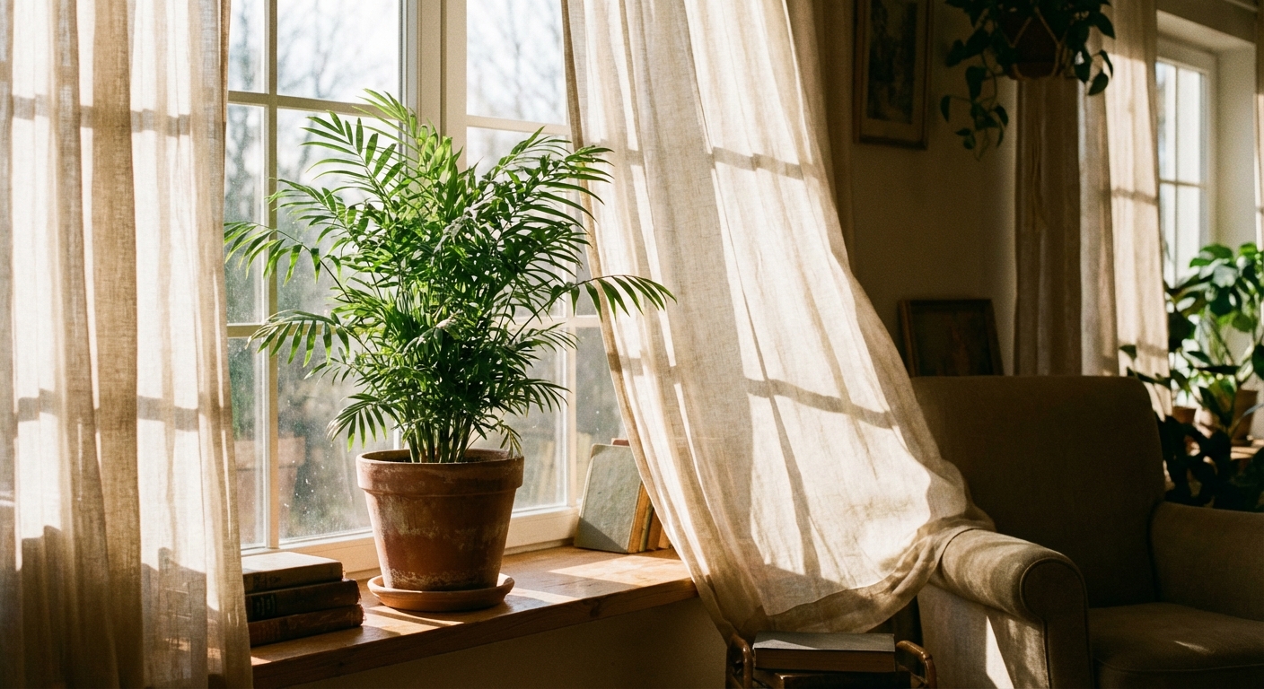 A parlor palm in a clay pot next to a sunny window with soft curtains