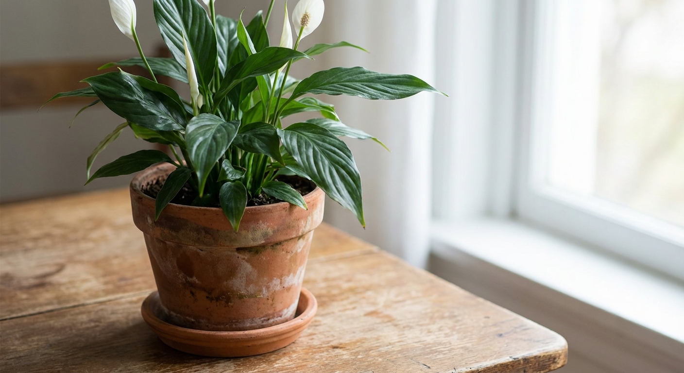 A peace lily planted in a terracotta pot with visible drainage saucer, sitting on a wooden table in soft daylight, crisp focus on the pot and leaves, photorealistic