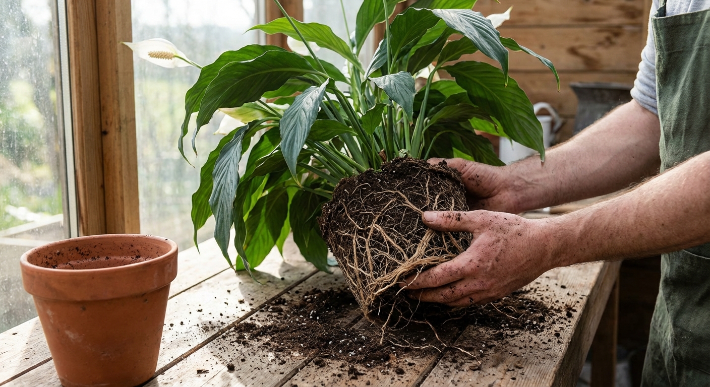 A peace lily removed from its pot on a tabletop with roots visible, showing a gardener's hands inspecting the root ball in natural light, photorealistic