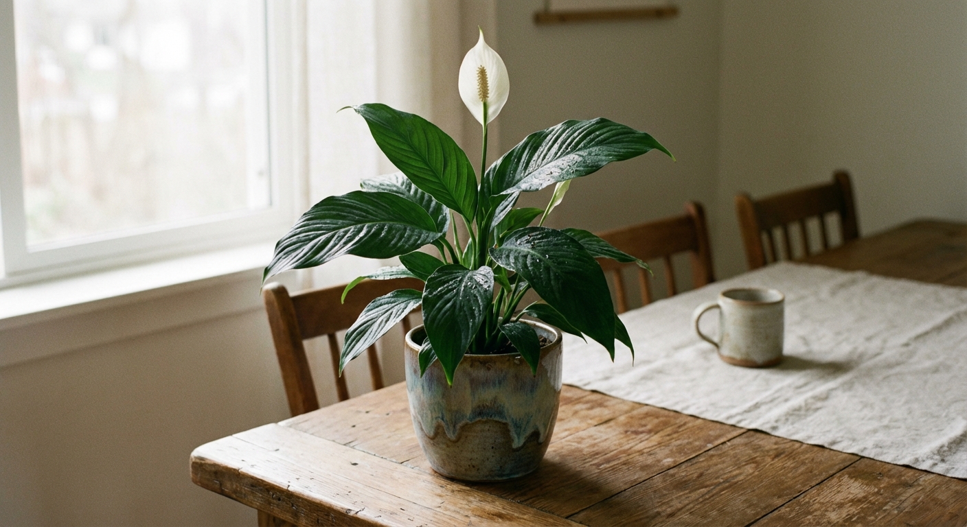 A peace lily with glossy green leaves and one white bloom in a ceramic pot on a dining table, soft indoor light, photorealistic