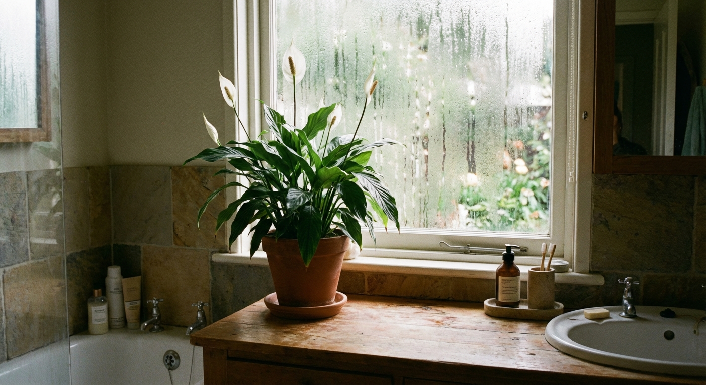 A peace lily with white blooms sitting on a bathroom counter near a frosted window