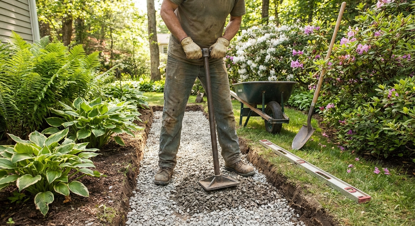 A person using a hand tamper to compact crushed stone base in a rectangular walkway excavation in a backyard garden