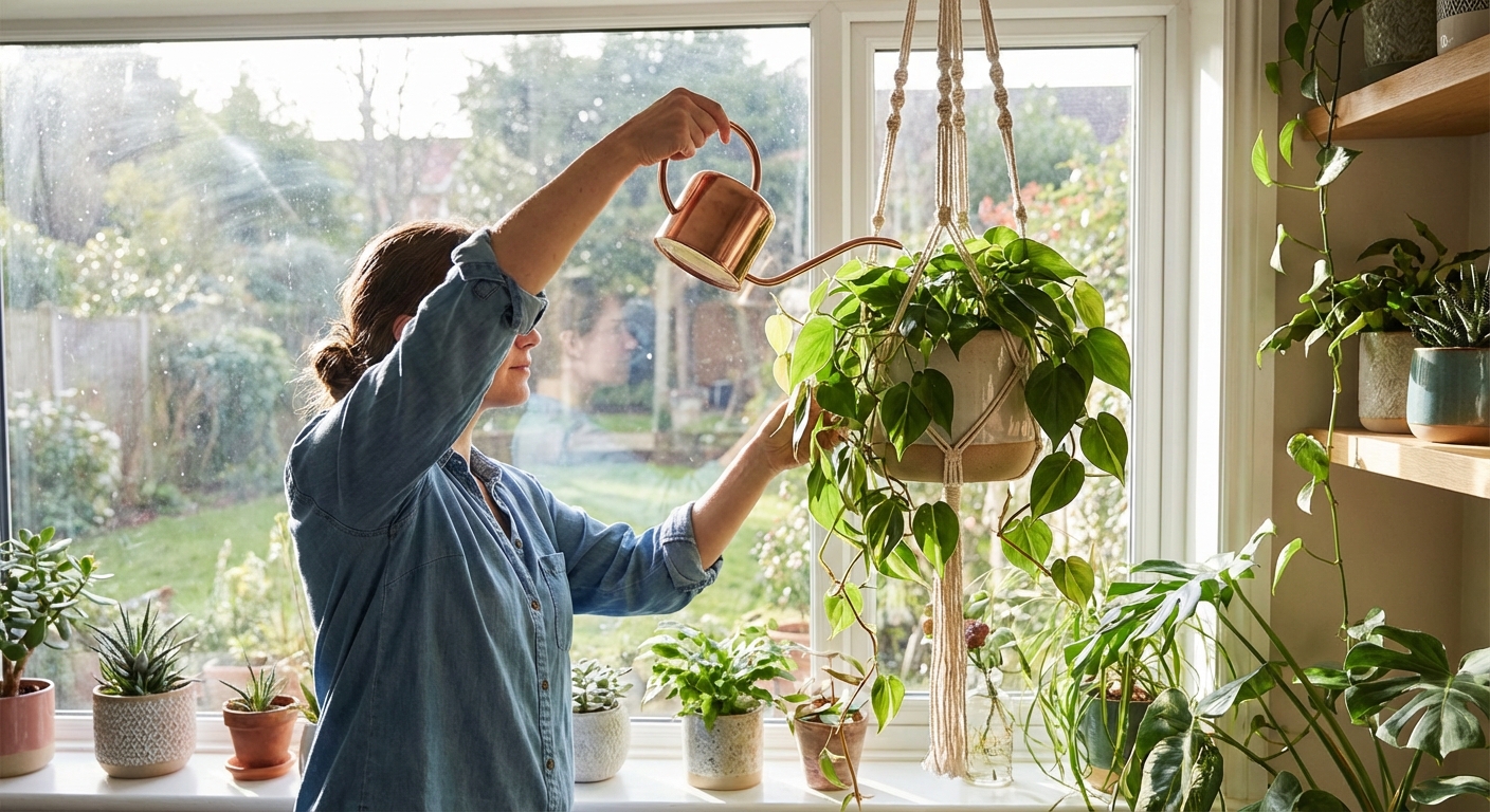 A person using a long-spout watering can to water a hanging planter indoors near a window
