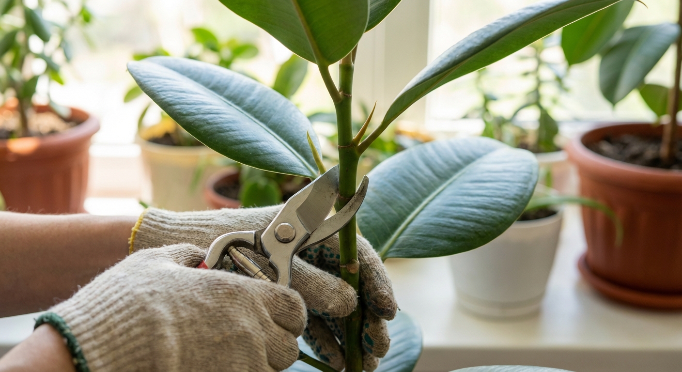 A person wearing gardening gloves using clean pruning shears to cut the top of a rubber plant stem just above a leaf node, close-up indoor plant care photo