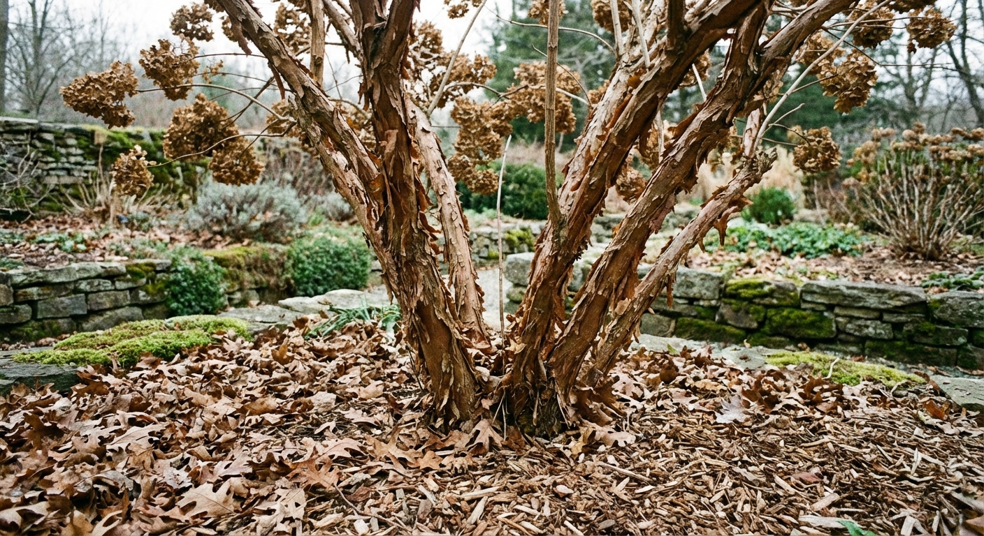 A photo of an oakleaf hydrangea shrub in winter showing cinnamon-brown peeling bark on mature stems, with leaf litter and mulch at the base in a natural garden