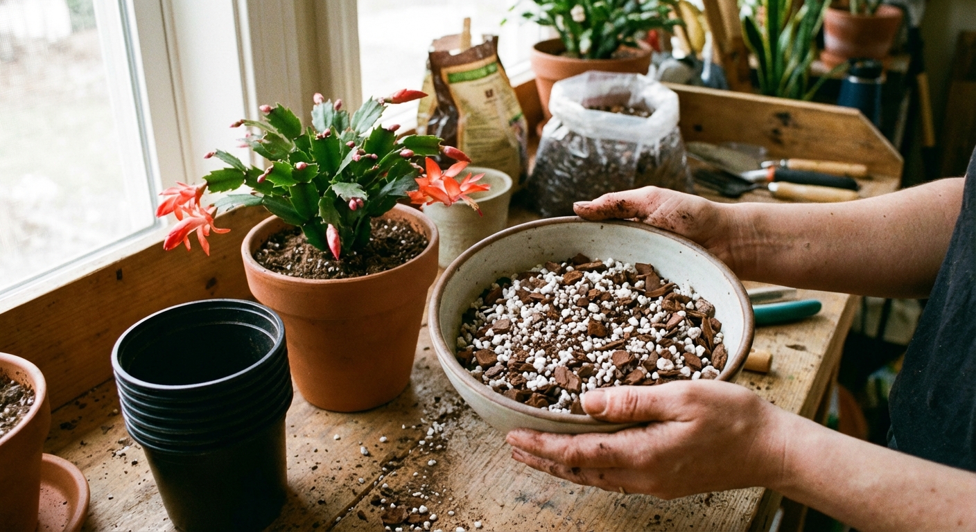 A photo of hands holding a bowl of chunky potting mix with visible perlite and small orchid bark pieces beside a Christmas cactus and an empty nursery pot, indoor potting bench, natural light