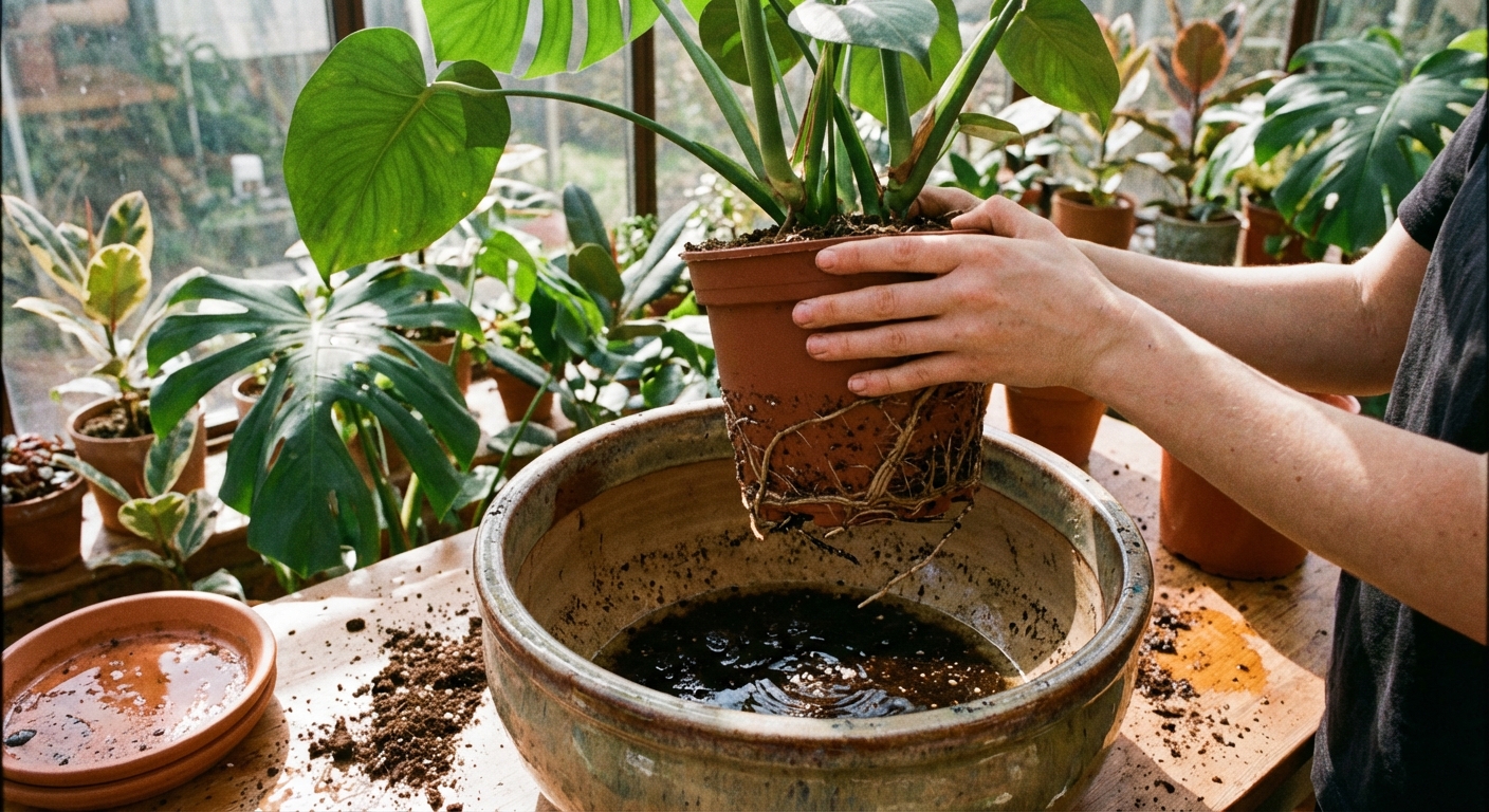 A photograph of a houseplant in a nursery pot being lifted out of a decorative pot with water collected at the bottom