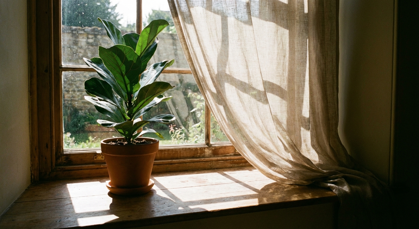 A photograph of a houseplant on a windowsill with bright sunlight casting sharp shadows and a sheer curtain partially drawn