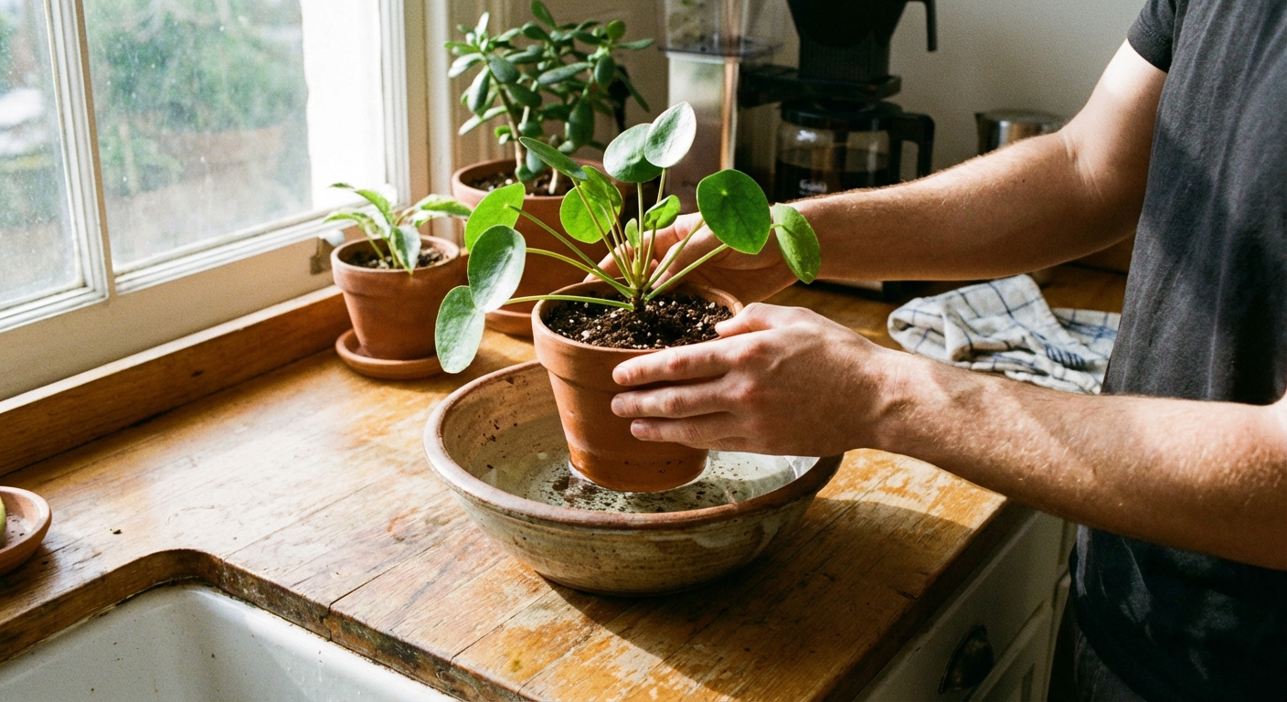 A photograph of a person bottom-watering a small houseplant pot in a shallow bowl of water on a kitchen counter