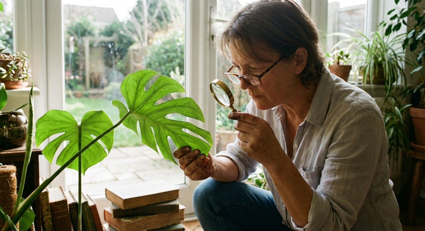 A photograph of a person inspecting the underside of a houseplant leaf near a window using a small handheld magnifying glass