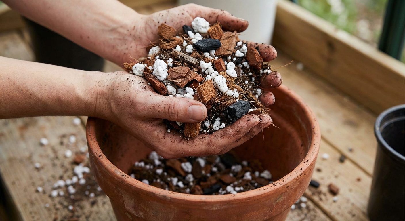 A photograph of hands holding a chunky houseplant soil mix with visible perlite and bark pieces over an empty pot