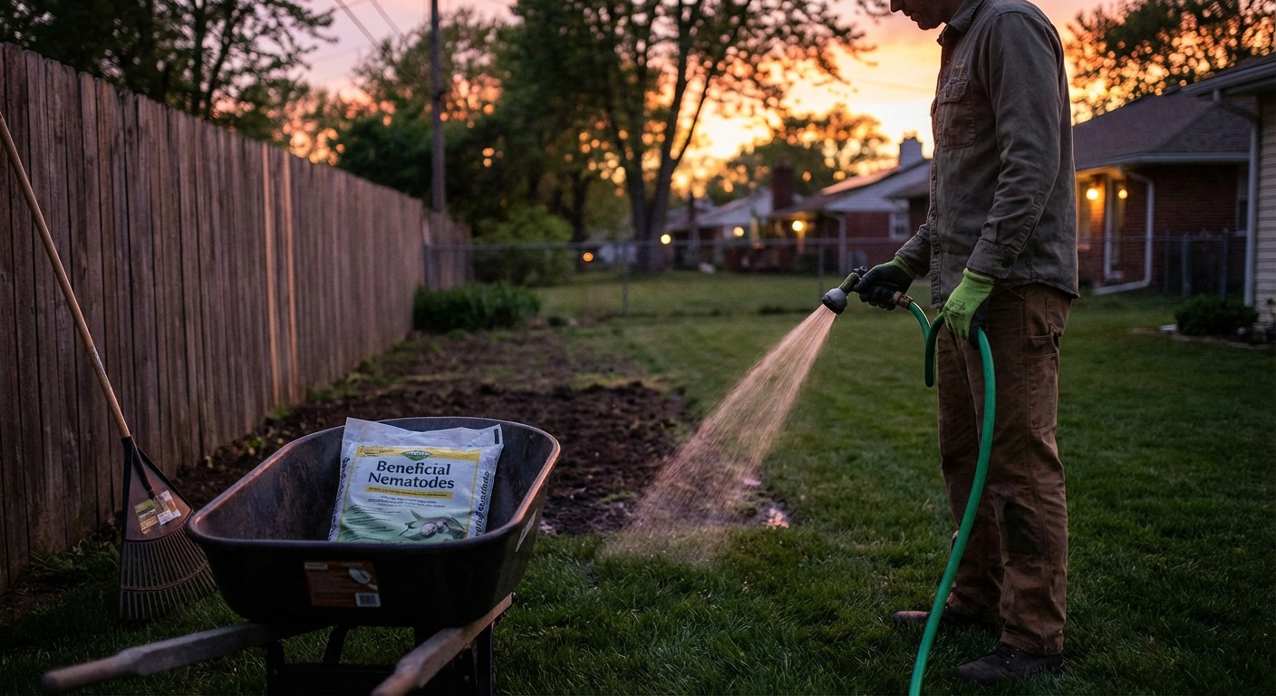 A photorealistic backyard scene of a gardener watering a lawn with a hose at dusk, preparing soil for beneficial nematode application, soft evening light, realistic suburban garden