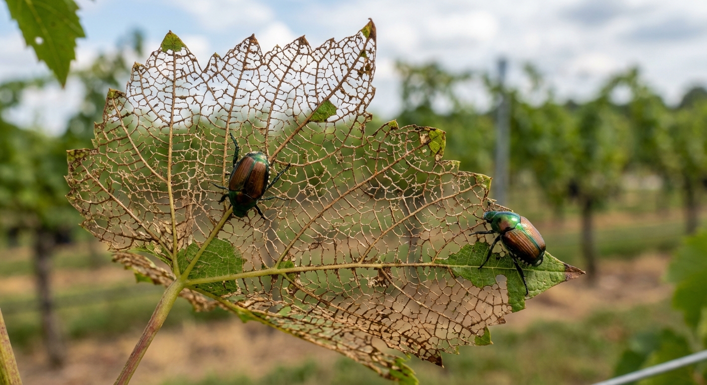 A photorealistic close-up of a grapevine leaf with heavy skeletonized damage, veins intact and tissue eaten away, with a couple of metallic green and copper Japanese beetles on the leaf, outdoor vineyard light