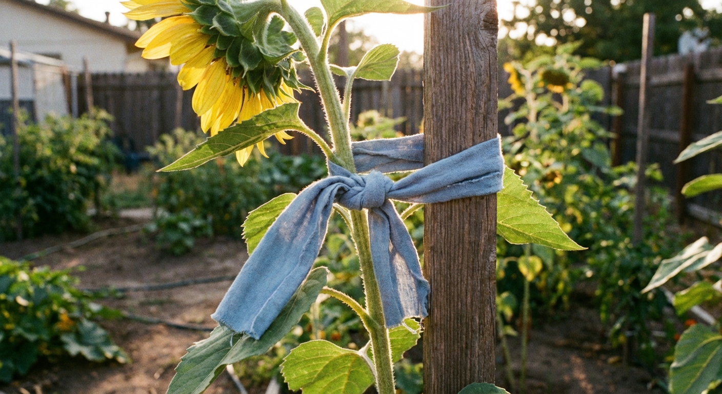 A photorealistic close-up of a tall sunflower stalk gently tied to a wooden stake with a soft cloth strip in a loose figure-eight knot, in a sunny backyard garden