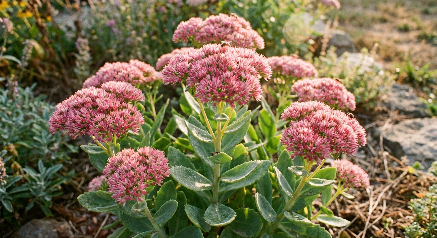 A photorealistic close-up of an upright sedum plant with rosy pink flower clusters and fleshy green leaves in a late summer garden, warm natural light