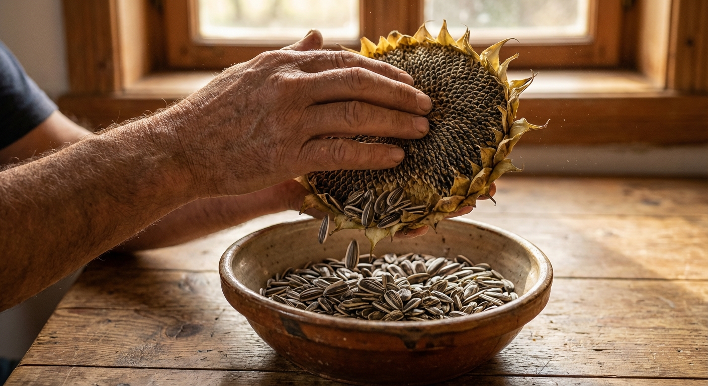 A photorealistic close-up of hands rubbing a dried sunflower head over a wooden table as striped sunflower seeds fall into a bowl, with warm natural light