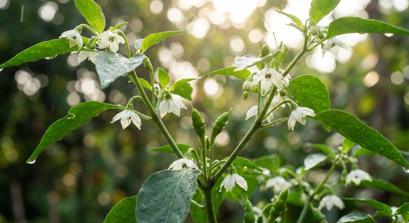 A photorealistic close-up of white pepper flowers and small developing pepper pods on a green plant, shot outdoors with a softly blurred garden background