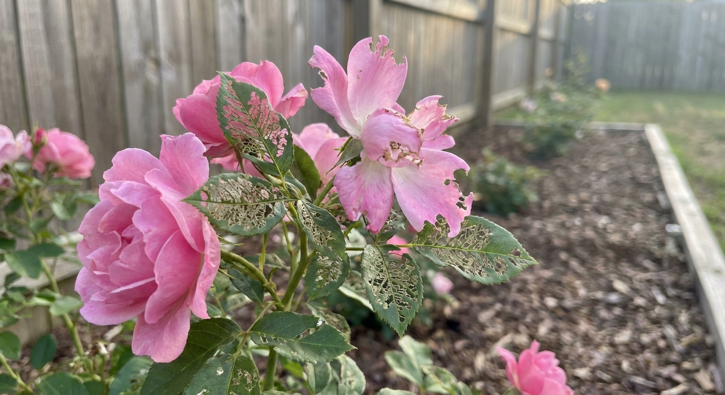 A photorealistic garden photo of a rose bush with several leaves skeletonized into a lace pattern and a few chewed pink rose petals, natural daylight, realistic backyard setting