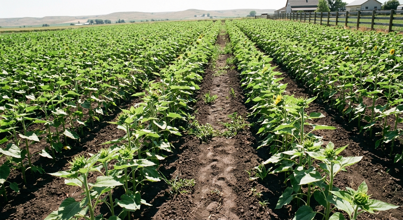 A photorealistic garden photo of young sunflowers planted in neat rows with visible soil pathways between them, in bright daylight