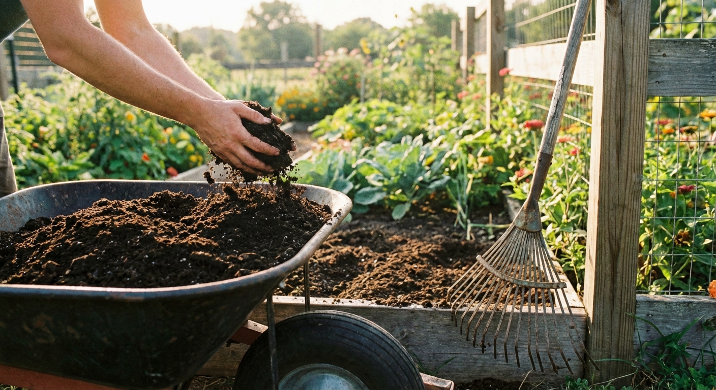A photorealistic outdoor photo of hands spreading dark finished compost over a garden bed with a metal rake nearby, in soft afternoon sunlight