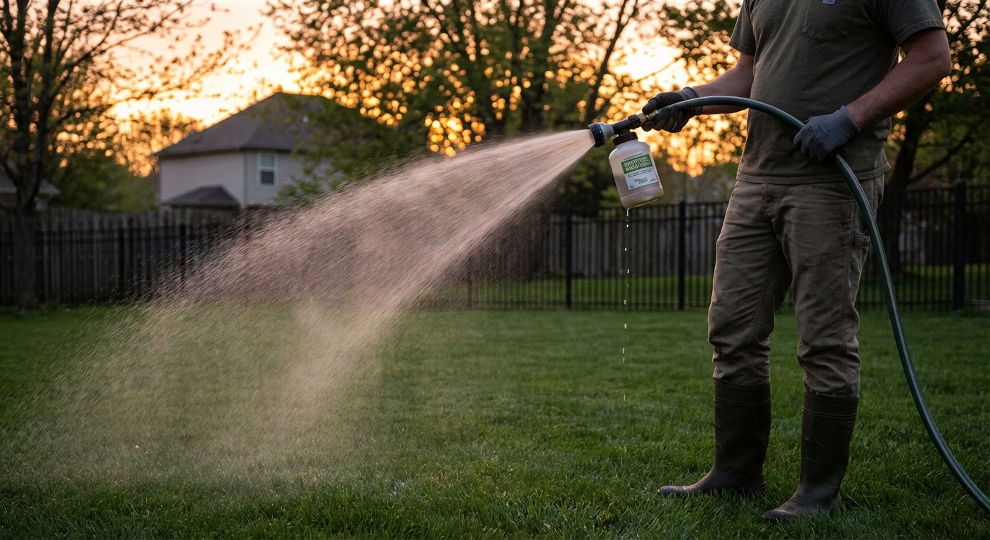 A photorealistic photo of a gardener watering a lawn with a hose-end sprayer at dusk, with a gentle spray aimed at the grass to apply beneficial nematodes