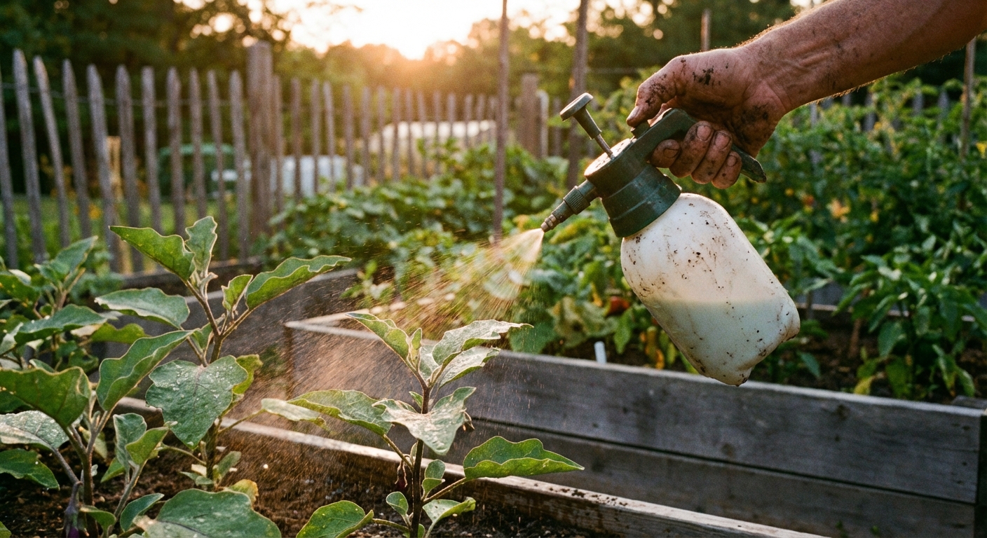 A photorealistic photo of a gardener’s hand using a small pump sprayer to mist neem solution onto young eggplant leaves in a backyard vegetable garden at dusk