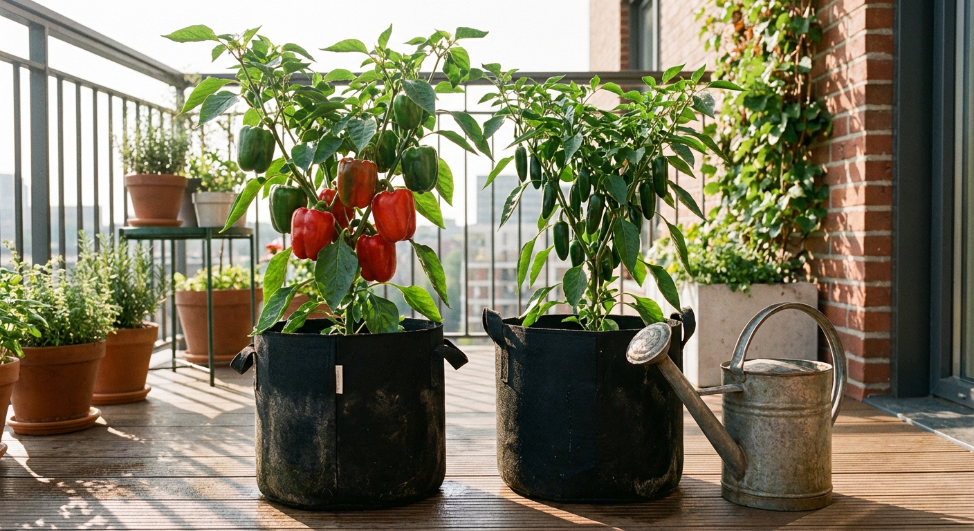 A photorealistic scene of two pepper plants growing in black fabric grow bags on a balcony, with a watering can nearby and morning sunlight casting soft shadows