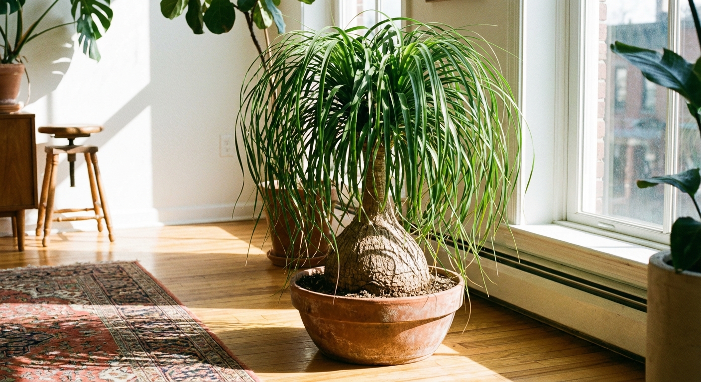 A ponytail palm with a swollen trunk base and cascading narrow leaves in a pot on a bright floor near a sunny window, photorealistic