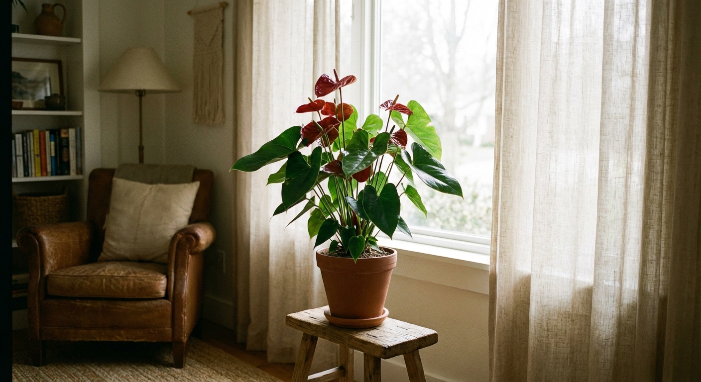 A potted anthurium placed a few feet from a bright window with sheer curtains, soft indirect light illuminating the glossy leaves, cozy indoor home setting, photorealistic