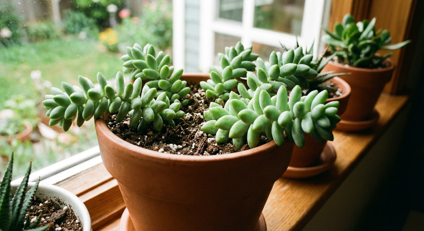 A potted sedum succulent with plump green leaves spilling slightly over the rim of the pot, indoor natural light, photorealistic