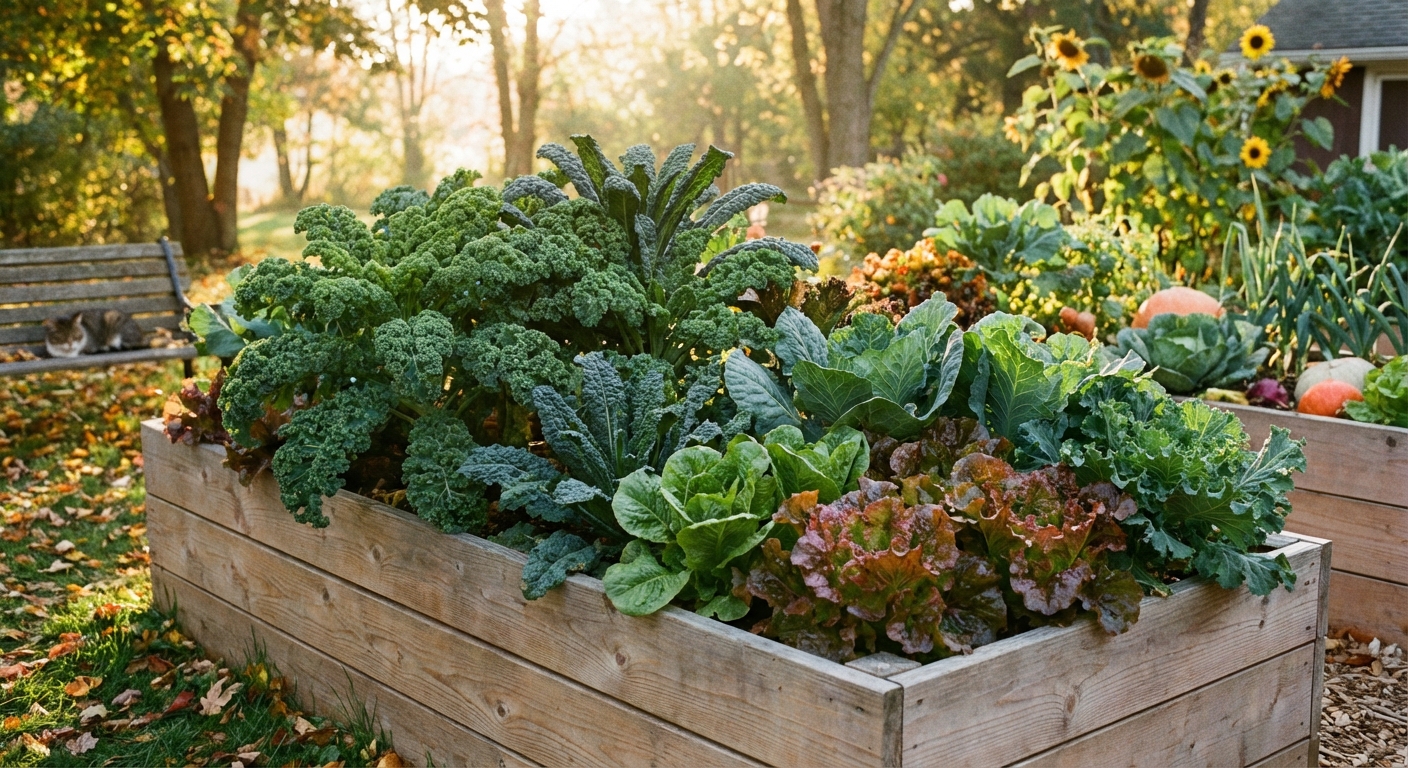 A raised bed in early autumn filled with leafy kale and lettuce plants in soft afternoon light