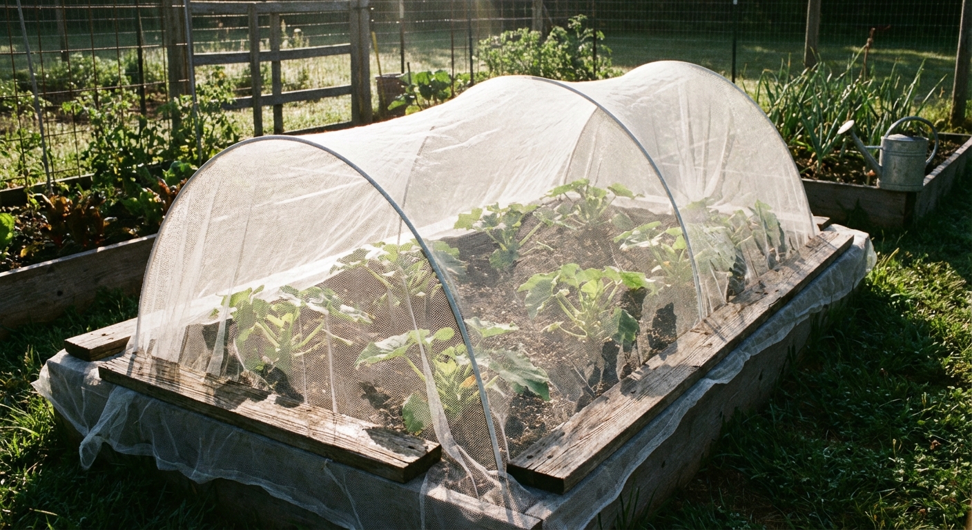 A raised garden bed with young squash plants covered by white insect netting supported by hoops, edges secured with boards, sunny morning garden photo