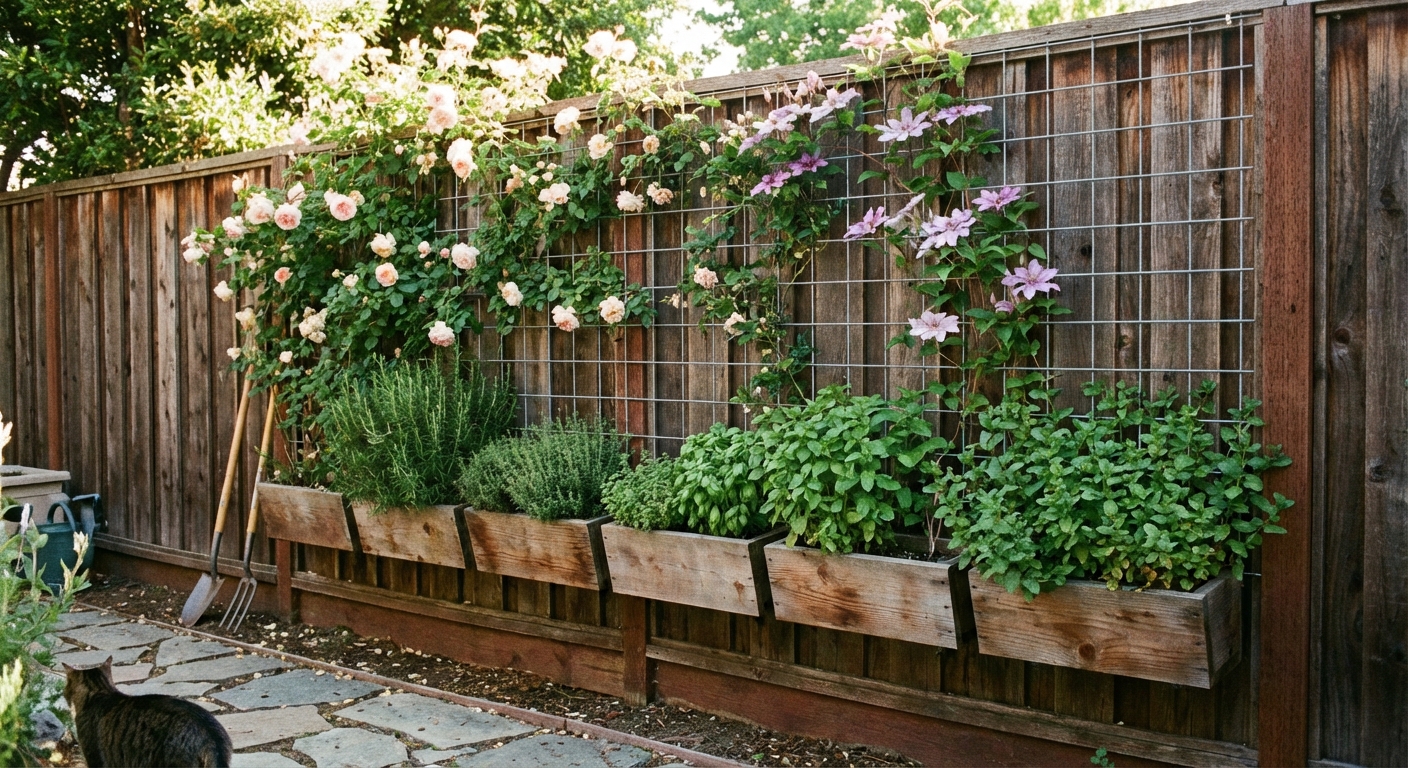 A real backyard fence with a sturdy wire trellis supporting flowering vines and a row of herbs in wall-mounted planters