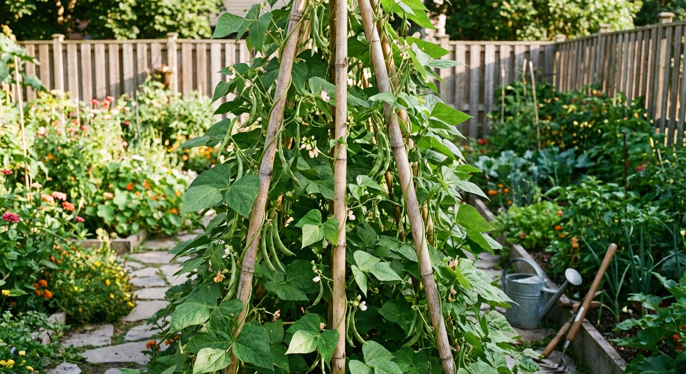 A real bamboo teepee trellis in a backyard garden with vigorous pole beans spiraling upward