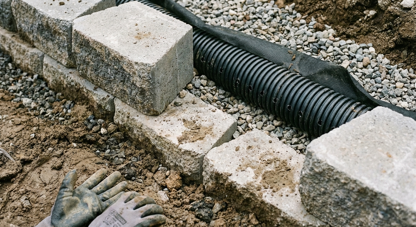 A real close-up photo of a retaining wall under construction showing gravel backfill and a perforated drain pipe