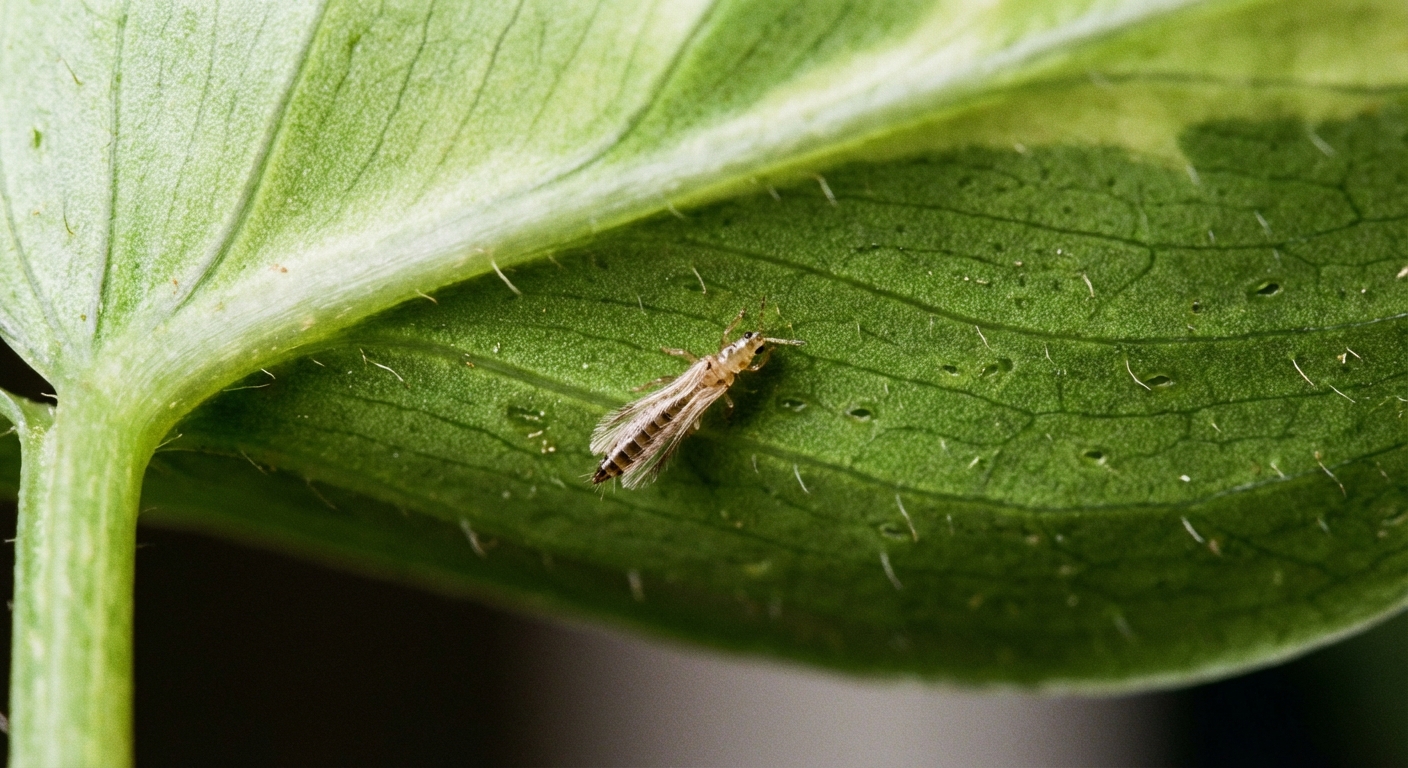 A real close-up photograph of a small slender thrips insect on the underside of a green houseplant leaf, captured with sharp focus and natural indoor lighting