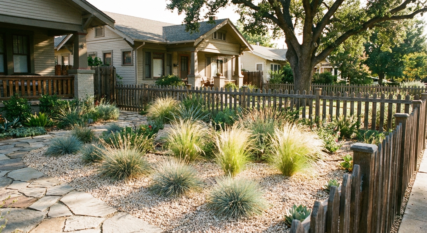 A real front yard planting bed with light-colored gravel and small ornamental grasses in bright afternoon sunlight