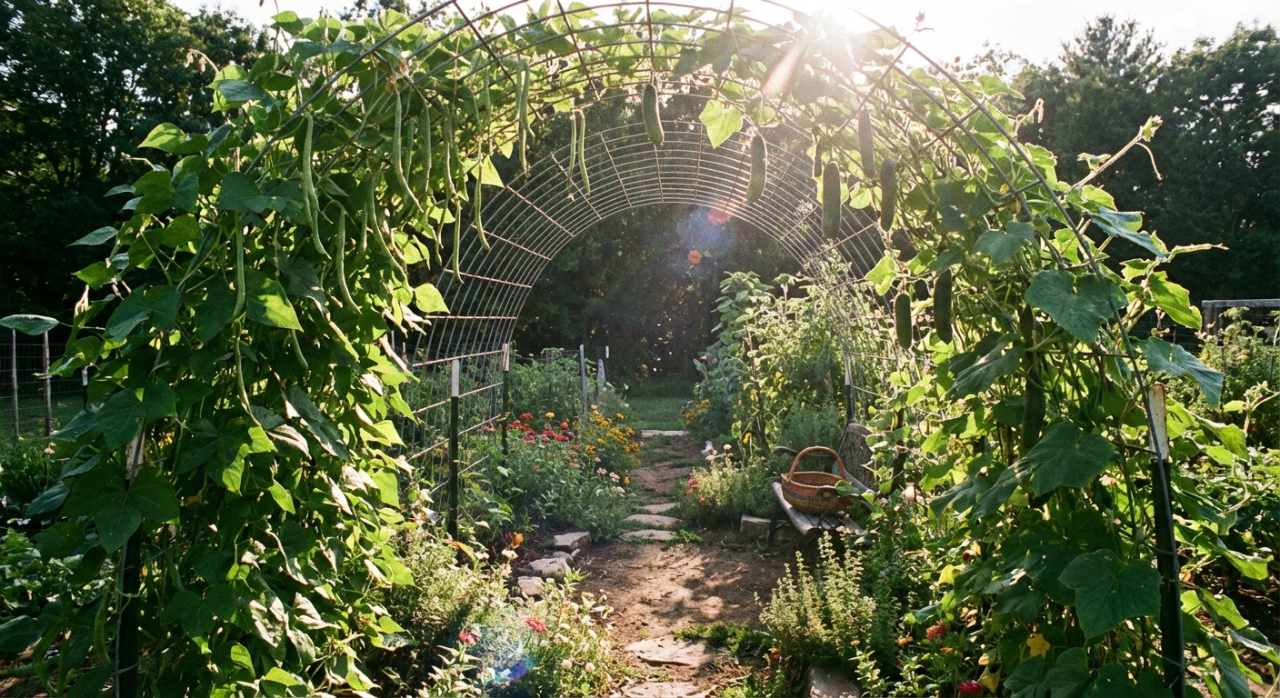 A real garden path with a metal cattle panel arch covered in pole beans and cucumbers, with sunlight filtering through the leaves