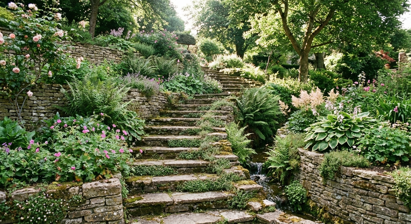 A real garden staircase built into a terraced slope with stone steps and lush plantings on both sides