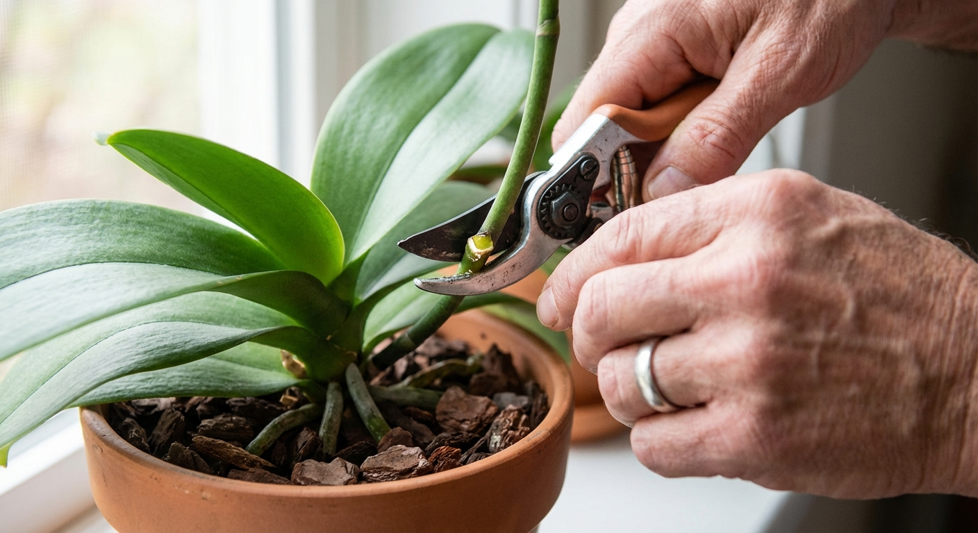 A real-life close-up photo of hands using clean pruning shears to cut a green phalaenopsis orchid flower spike just above the base, with the orchid leaves and pot visible in soft indoor light