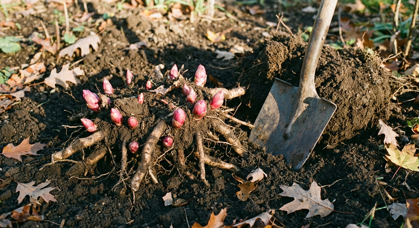 A real-life photo of a dug-up herbaceous peony crown with visible pink buds and thick roots resting on soil beside a garden spade in fall light