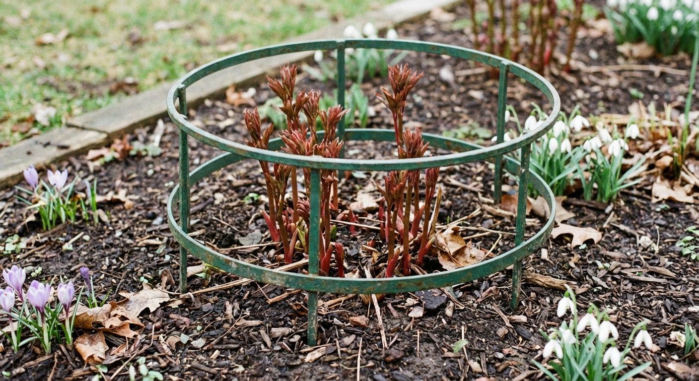 A real-life photo of a green metal peony support ring surrounding emerging peony stems in a garden bed in early spring, natural daylight