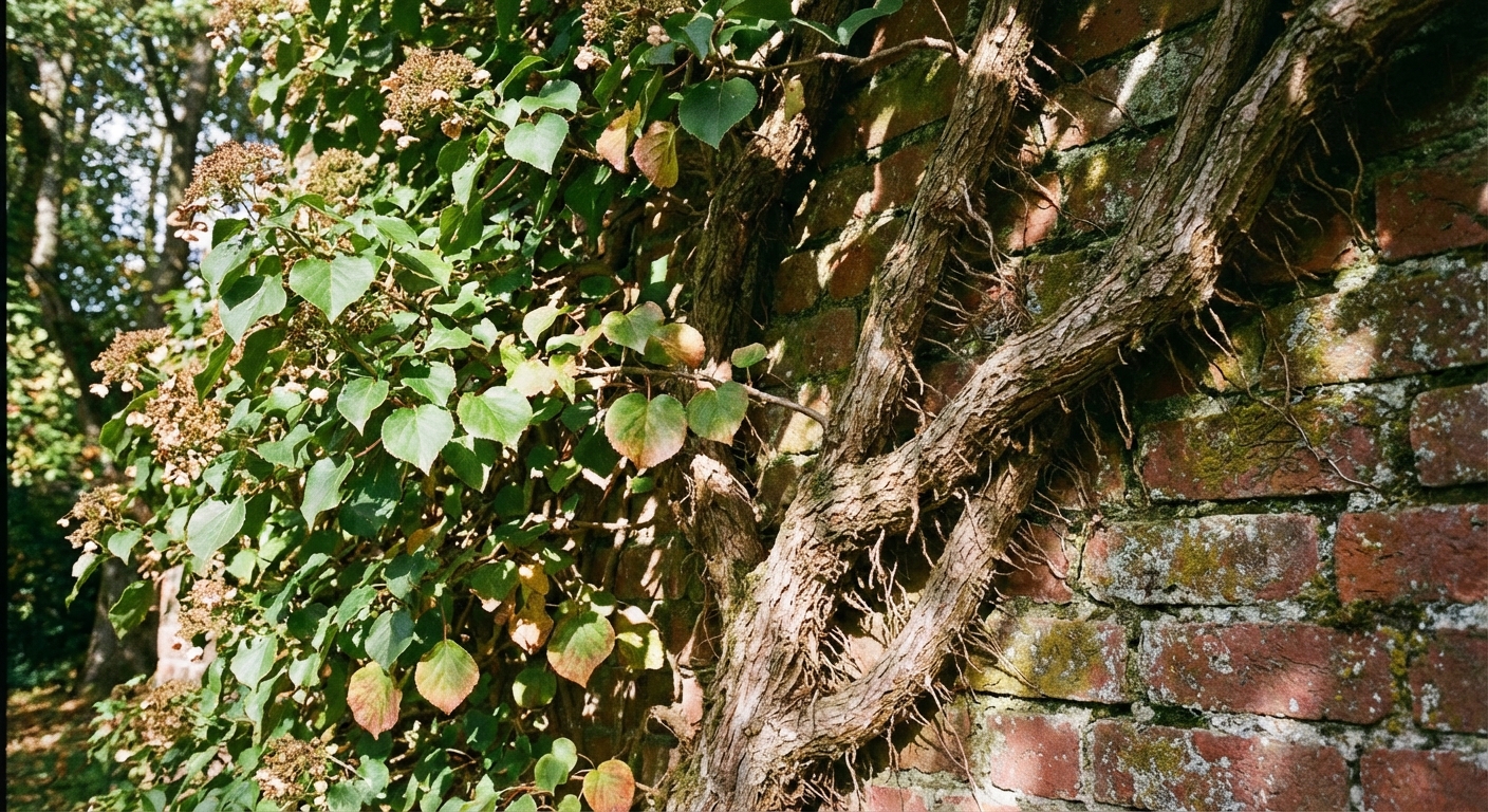 A real-life photo of a mature climbing hydrangea vine attached to a brick wall with woody stems and aerial rootlets, dappled shade lighting