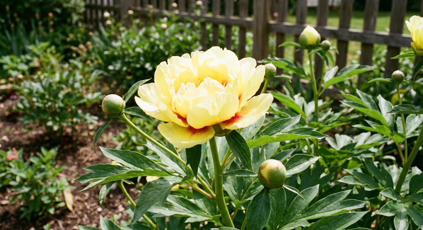 A real-life photo of a yellow Itoh peony bloom in a garden with sturdy green stems and unopened buds nearby, natural outdoor lighting