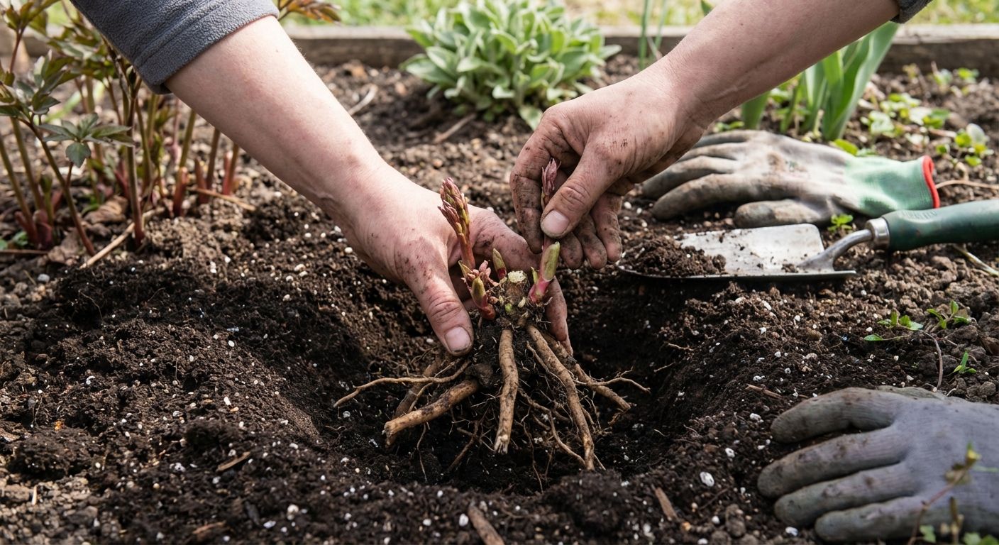 A real-life photo of hands placing a bare-root herbaceous peony into a garden planting hole with amended soil, outdoor natural light