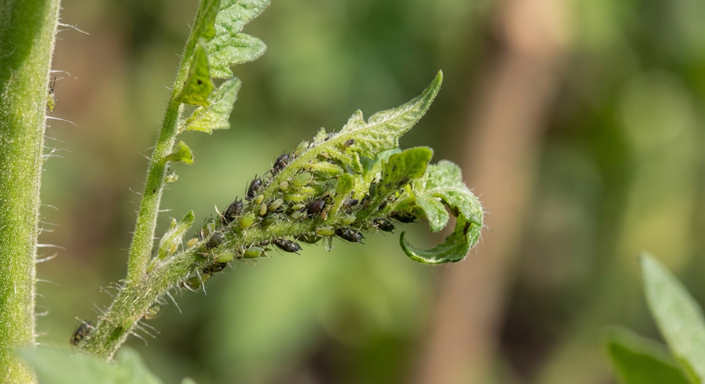A real macro photo of several aphids clustered on a tomato plant stem near curled new leaves, natural light, shallow depth of field
