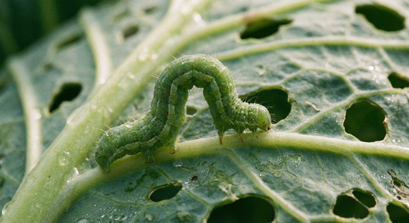 A real macro photograph of a green cabbage looper inching forward in a looped posture on a cabbage leaf, with the leaf veins and a few chew marks visible