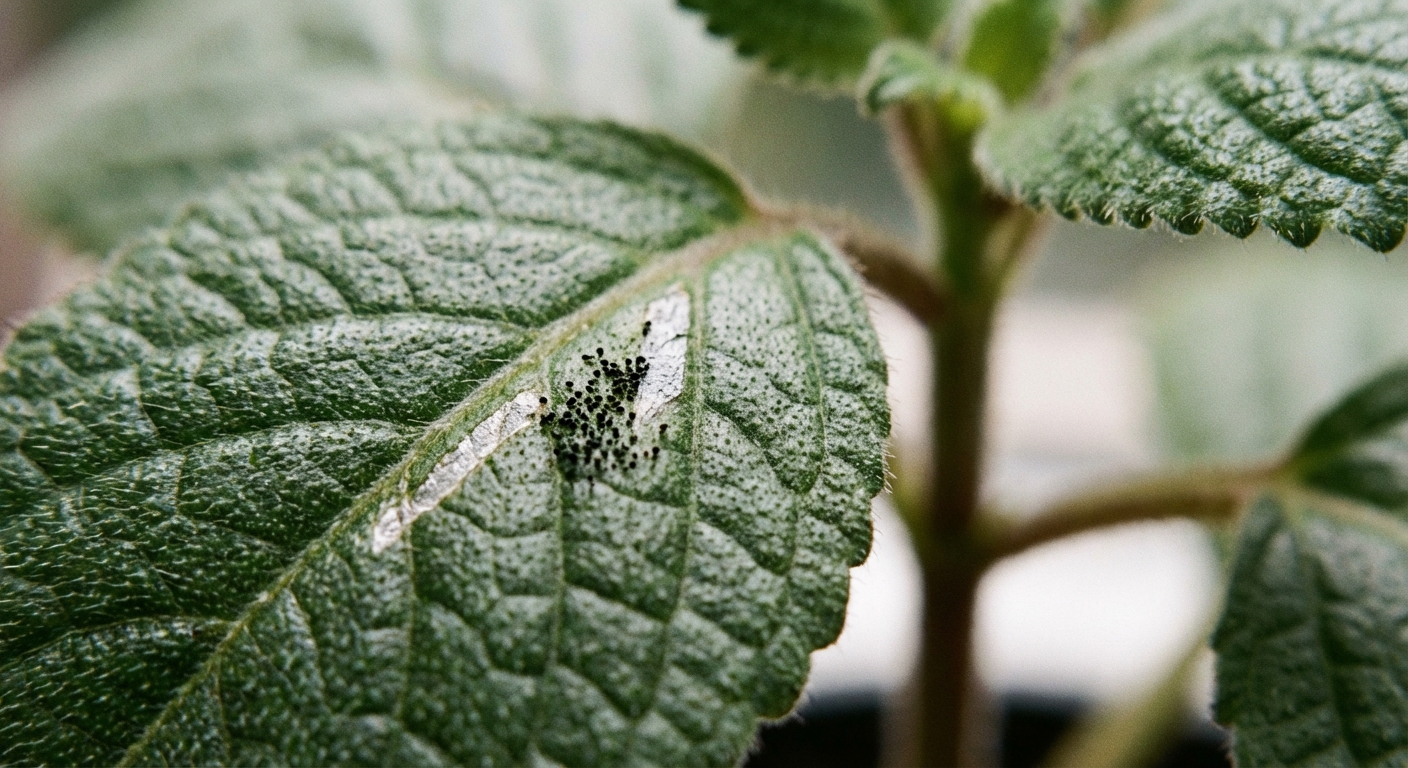 A real macro photograph of a houseplant leaf surface with several tiny black specks clustered near a pale silvery scar, with the leaf texture sharply in focus and the rest of the plant softly blurred